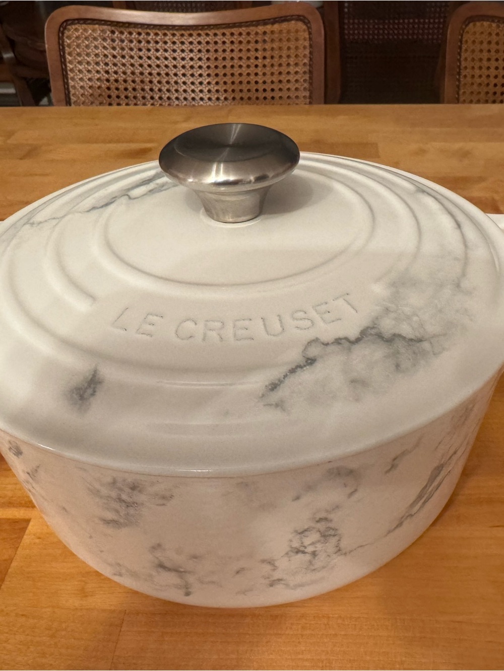 Le Creuset Marble White Enameled Dutch Oven with Stainless Knob
